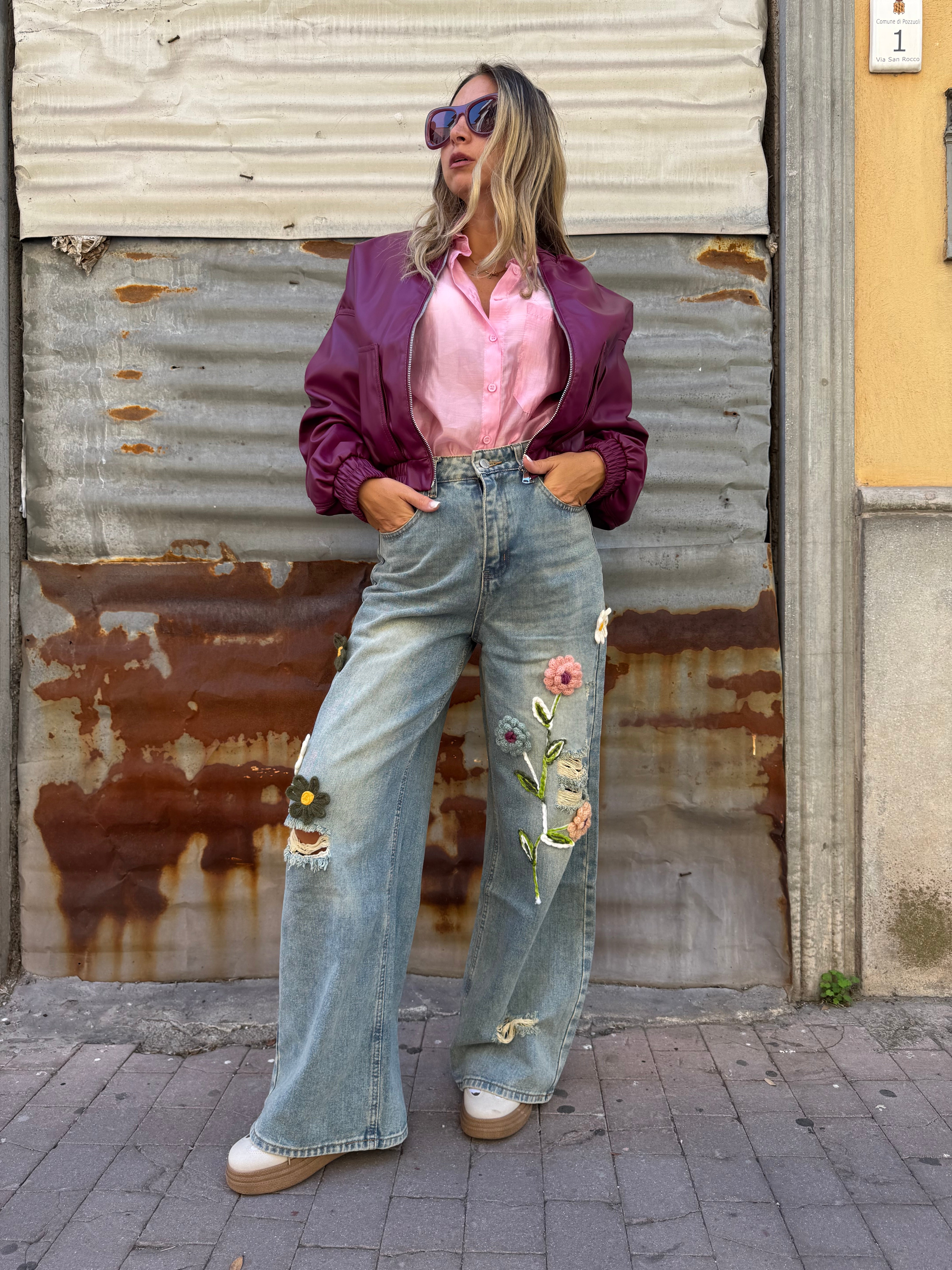 Jeans Flores Relieve