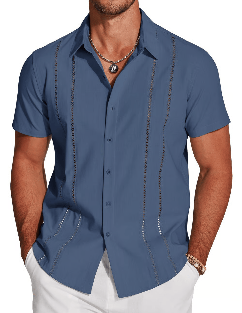 Camisa cubana con exquisitos botones bordados al frente para hombre