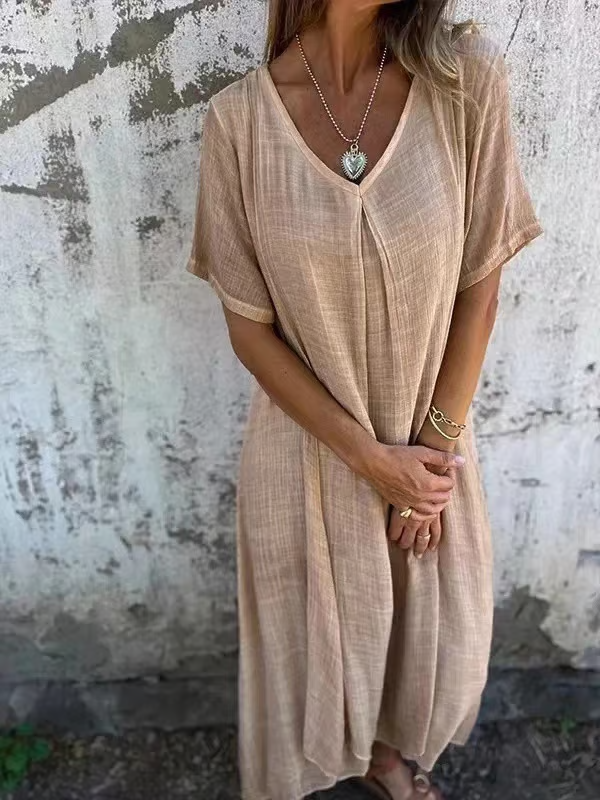 Vestido midi de algodón y lino con cuello en V (LIQUIDACIÓN)