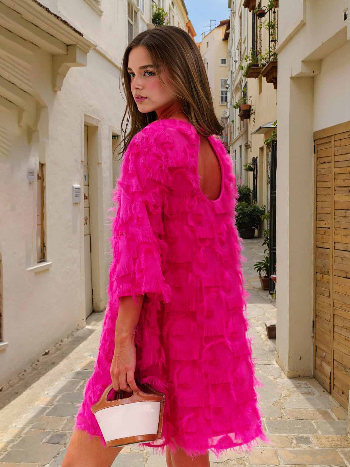 Elegante minivestido de manga media con flecos