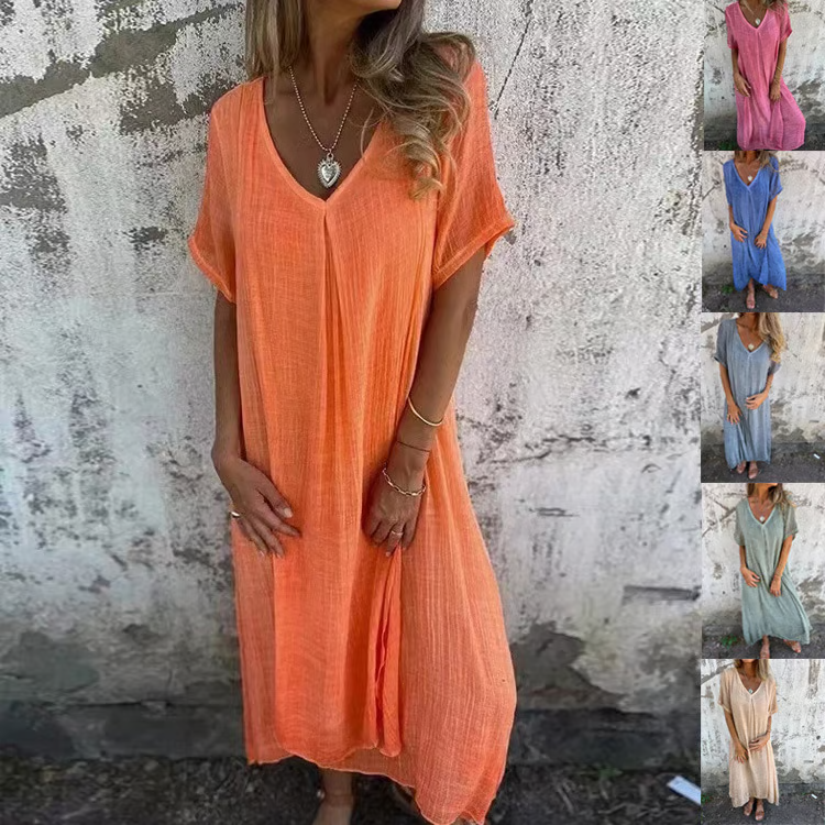Vestido midi de algodón y lino con cuello en V (LIQUIDACIÓN)