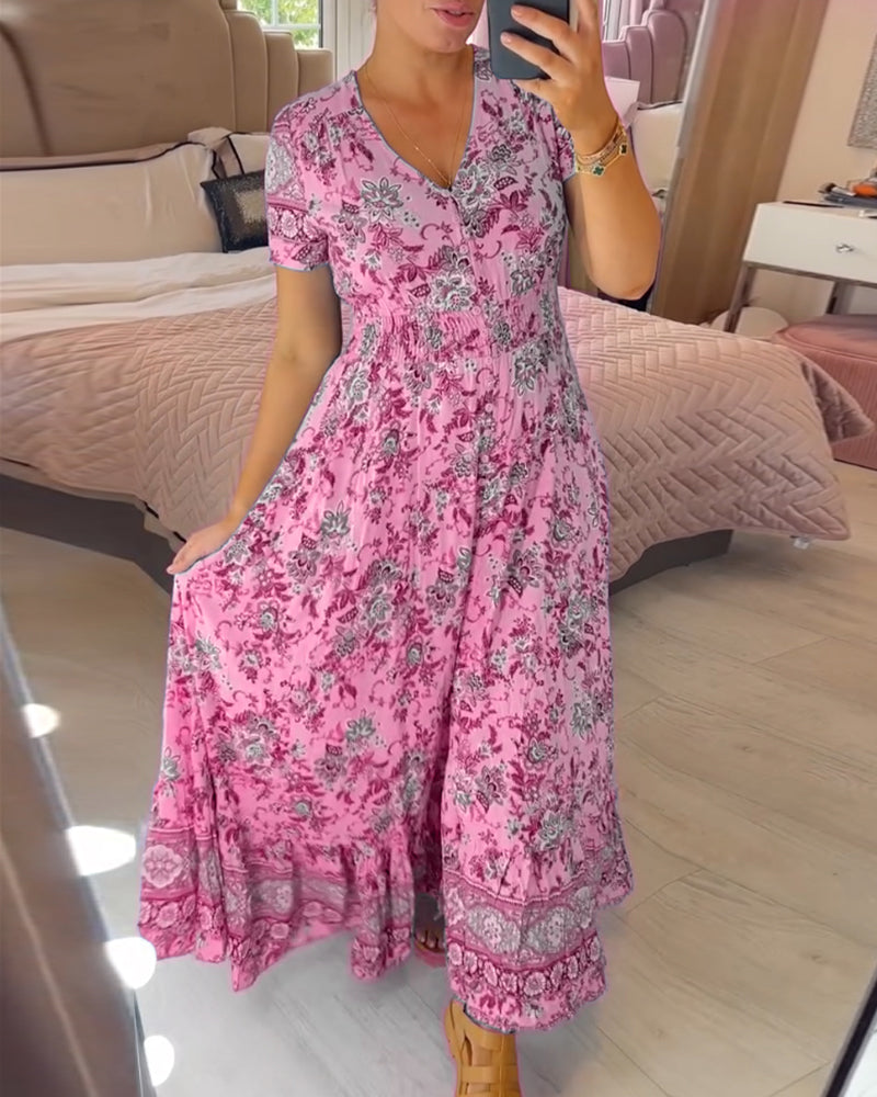 Vestido con cuello en V y estampado floral (💃Oferta especial - 48% de descuento🔥 Envío gratis)