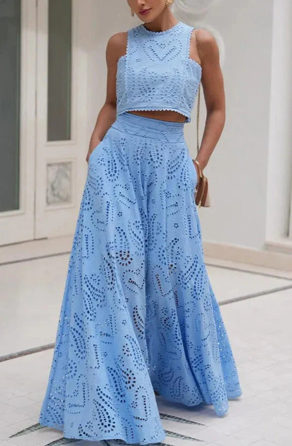 Exquisito top y falda de encaje hueco bordado sin mangas